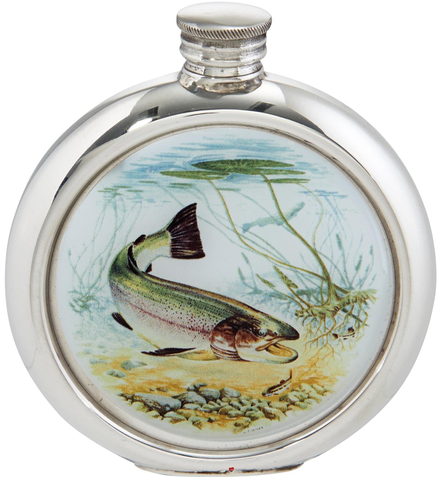 Round 6oz Pewter Flask with Unique Colour Picture Trout Bright Polished Screw