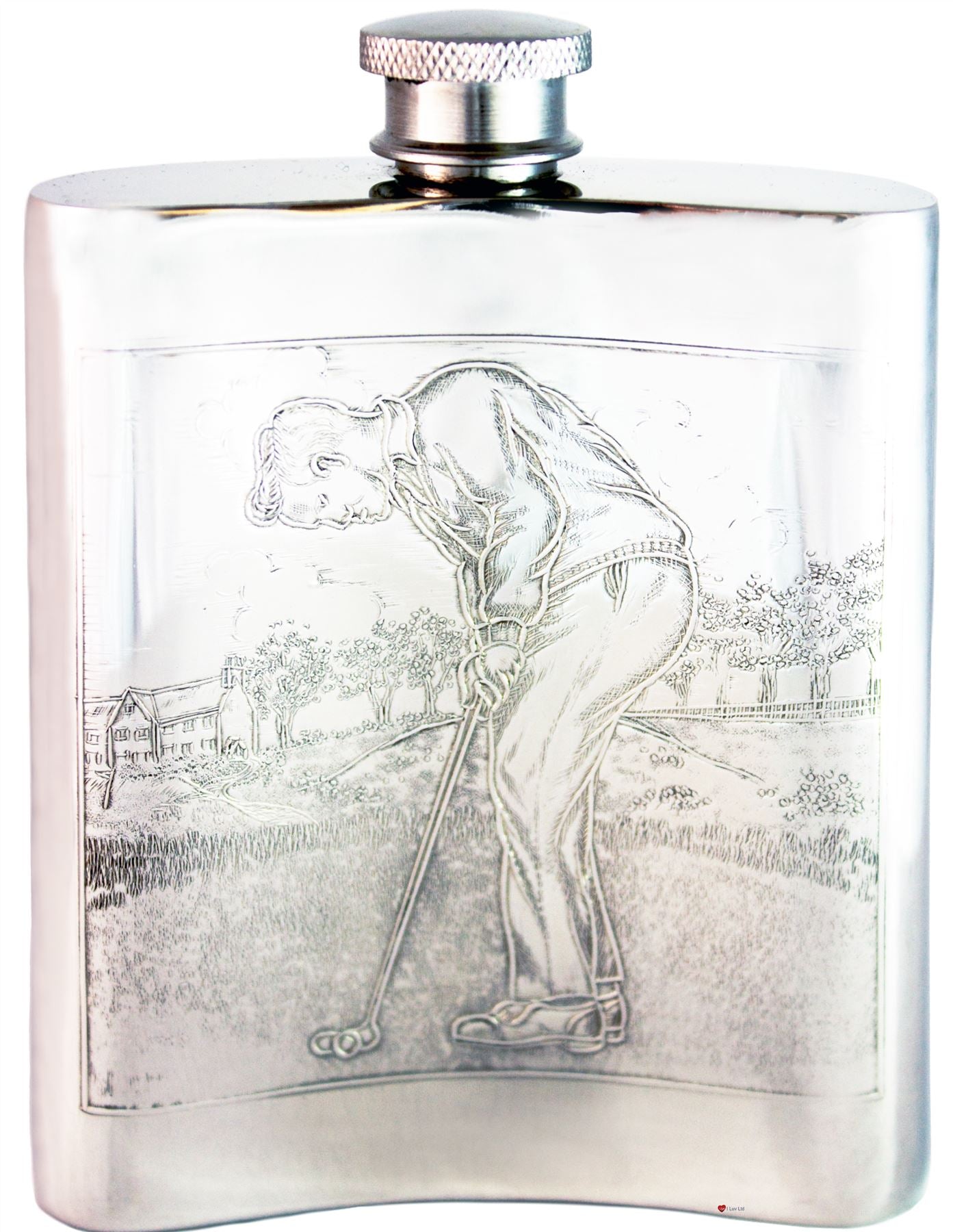 Pewter Hip Flask Golfing Picture Scene Kidney Shape Engravable 6oz Screw Top