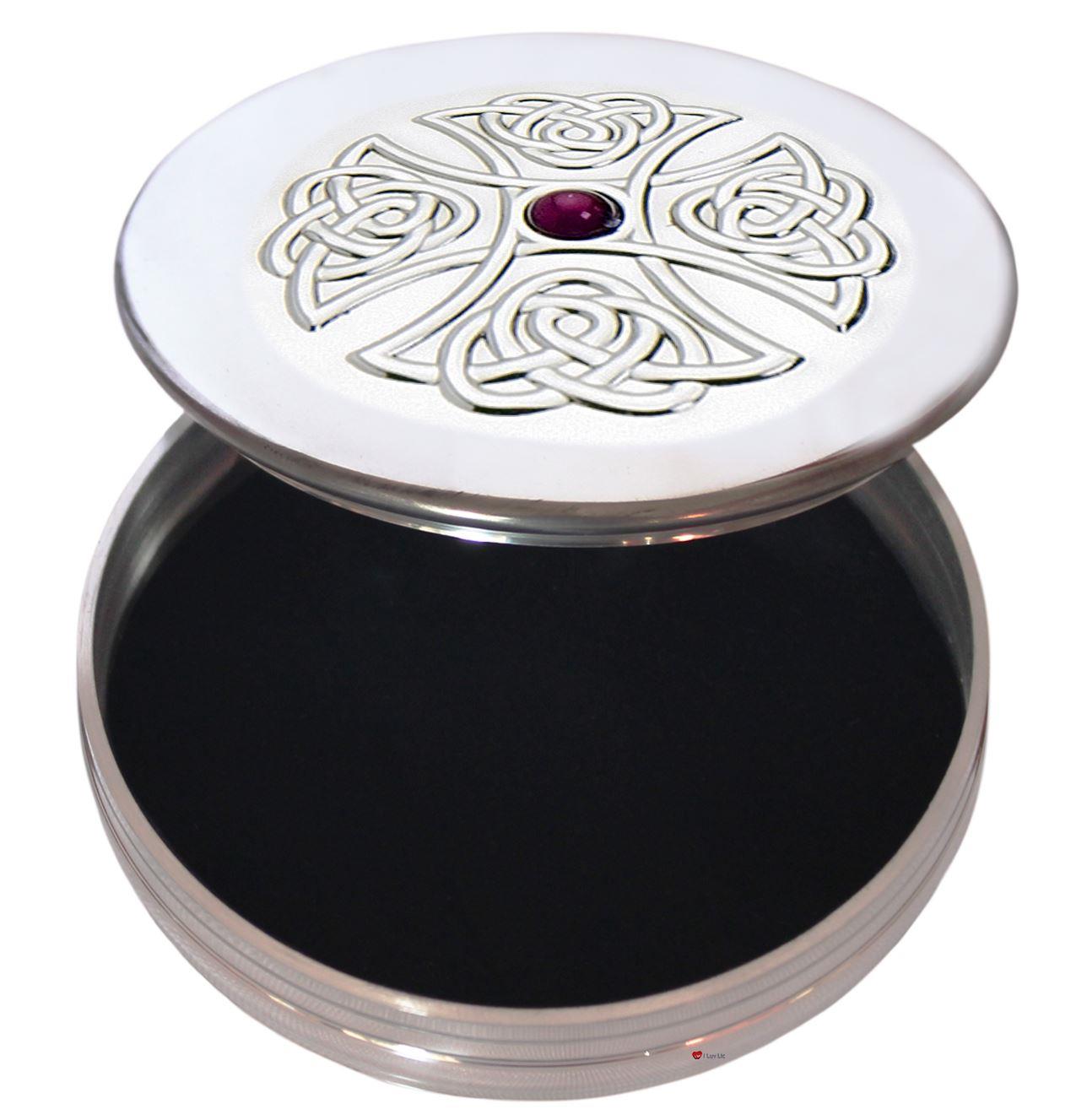 Trinket Boxes Pewter Round Celtic Cross Inset Amethyst Coloured Stone Lid 90mm 50mm