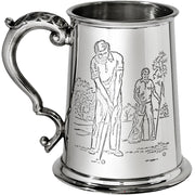 Pewter Tankard 1 Pint with Golf Scenes on Both Sides and Antique Handle