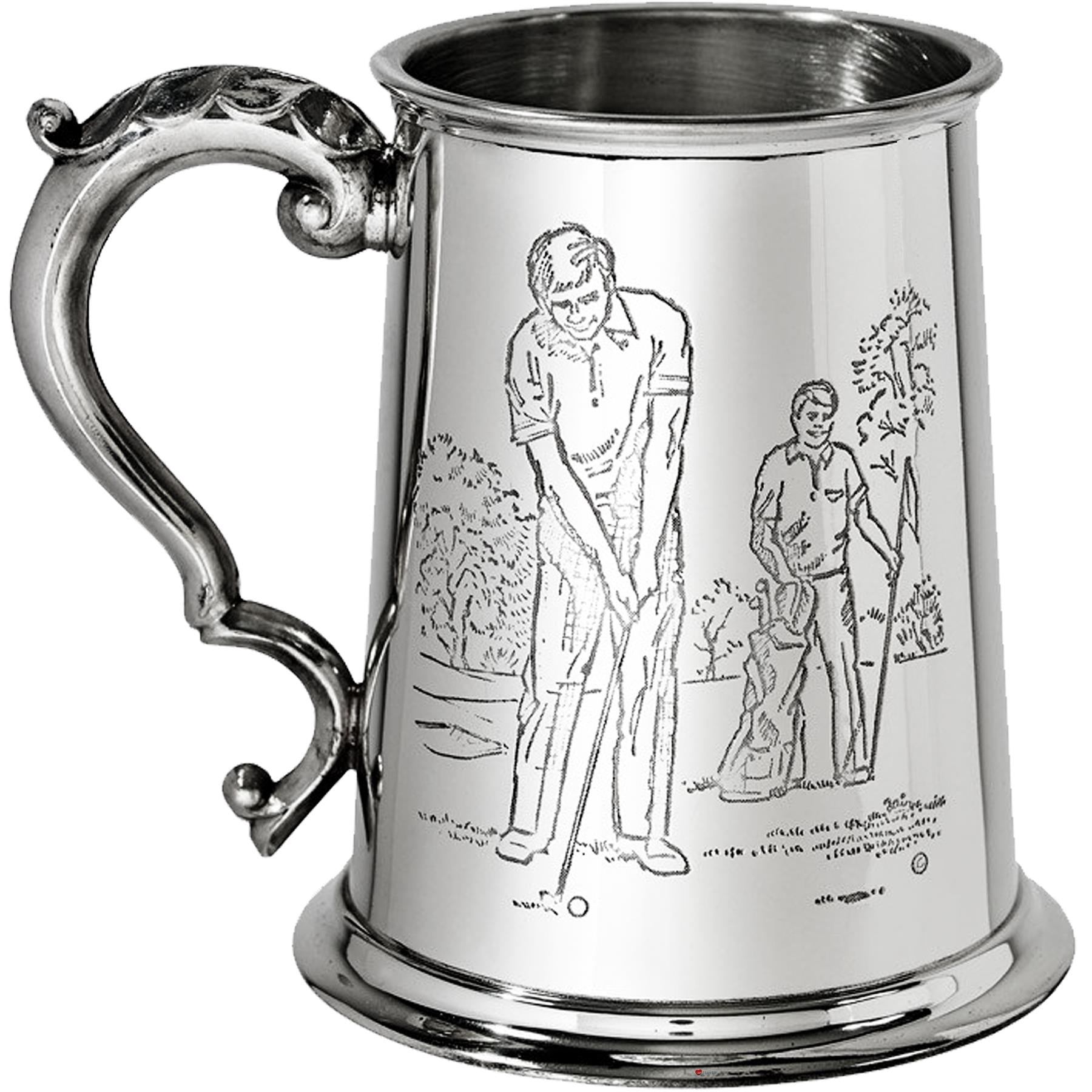 Pewter Tankard 1 Pint with Golf Scenes on Both Sides and Antique Handle