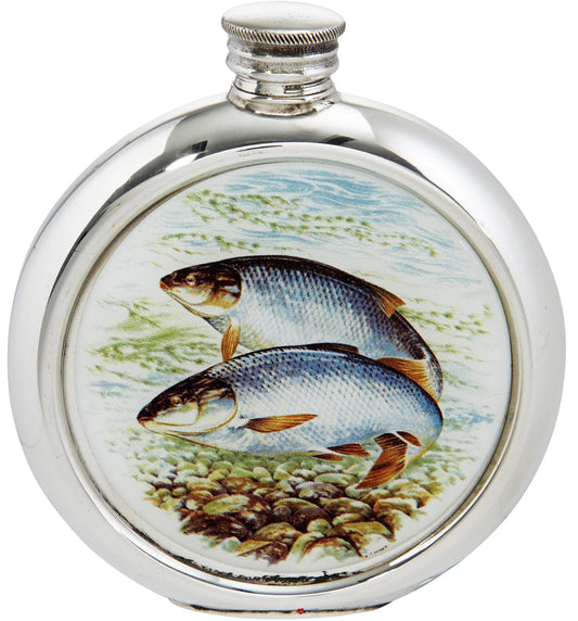 Round 6oz Pewter Flask with Unique Colour Picture Roach Bright Polished Screw