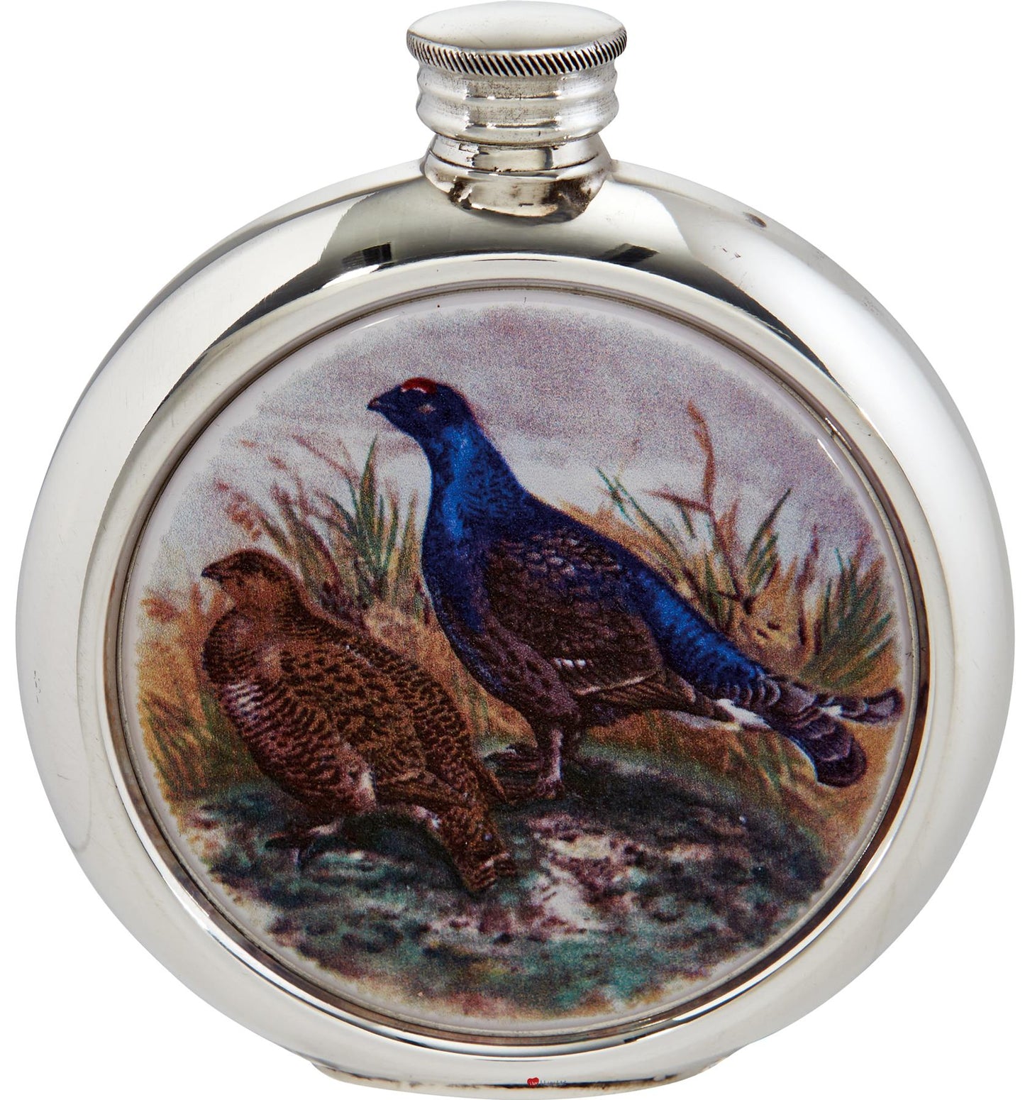 Round 6oz Pewter Flask with Unique Colour Picture Grouse Bright Polished Screw