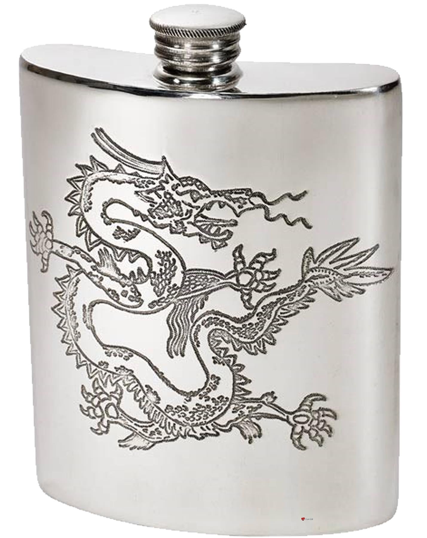 6oz Pewter Hip Flask Chinese Dragon Design Bright Polished Finish Screw Top