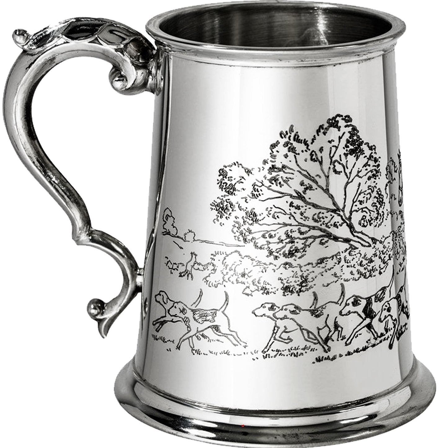 Tankard 1 Pint British Hunting Scene Embossed on Front and Back Scroll Handle