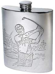 Kidney Shaped Flask 6oz Pewter with Golf Scenes on Both Sides
