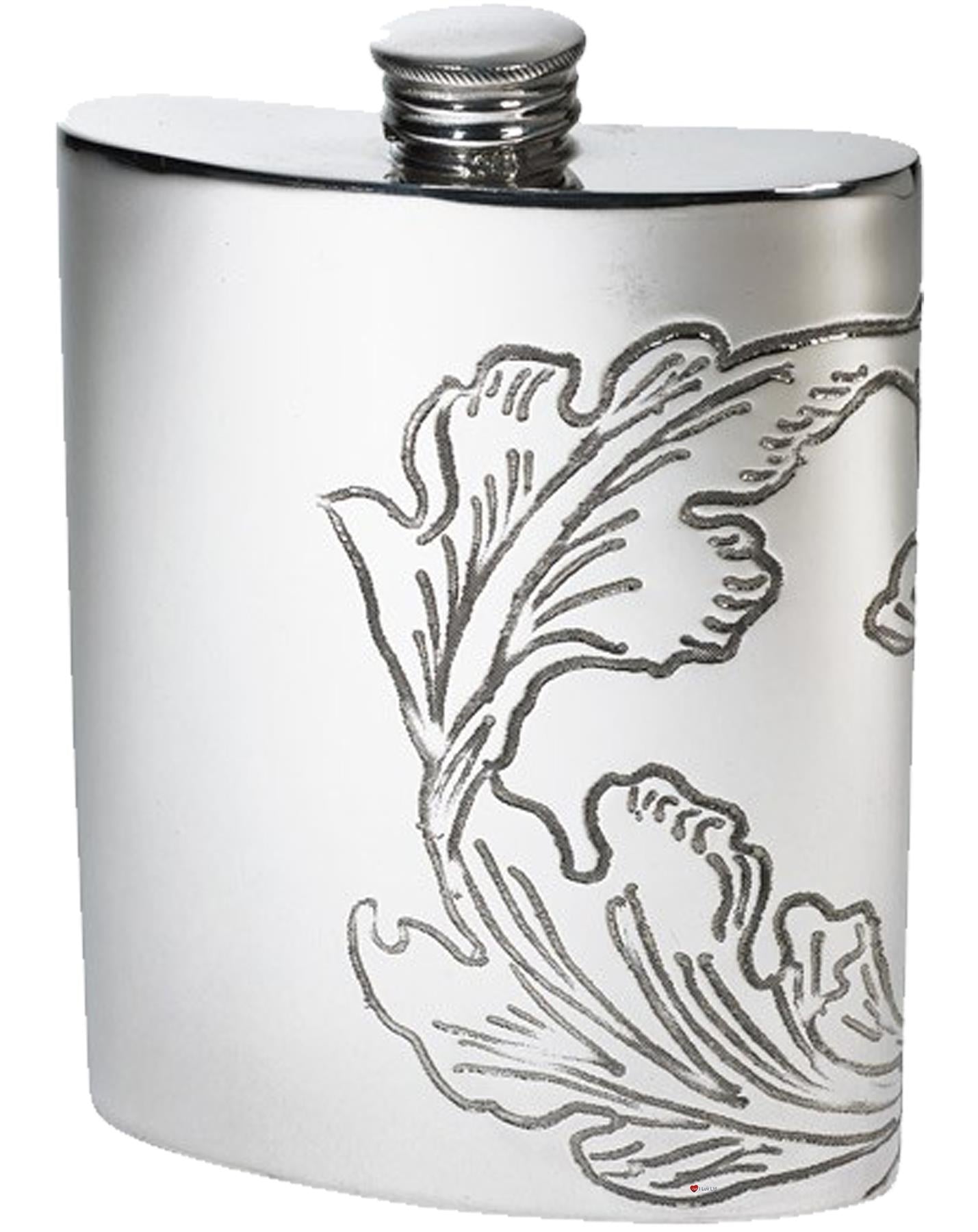 6oz Pewter Hip Flask Acanthus Leaf Decoration Pattern Bright Polished Screw Top