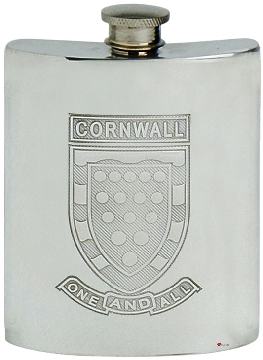 Pewter Hip Flask 6oz Cornwall National Crest and Motto Screw Top Engravable Back