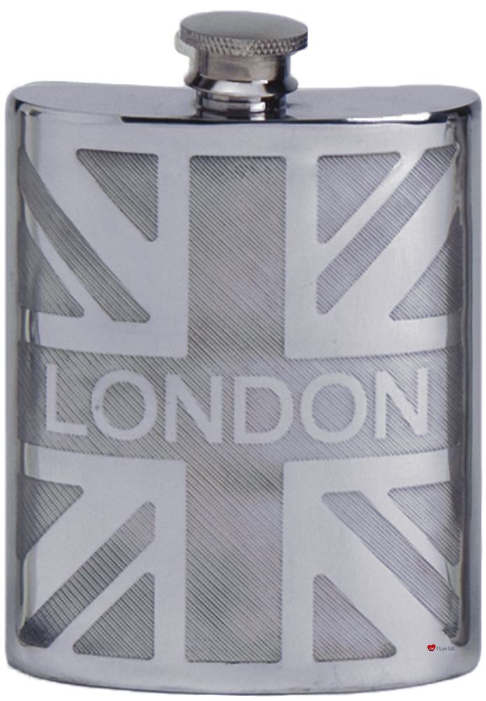 Pewter Hip Flask London On British Union Jack 6oz Space for Engravable Screw Top