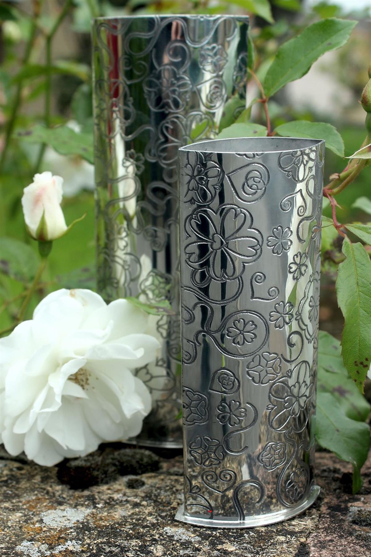 Large 10 inch Pewter Vase Embossed all over with Yorkshire Rose Pattern