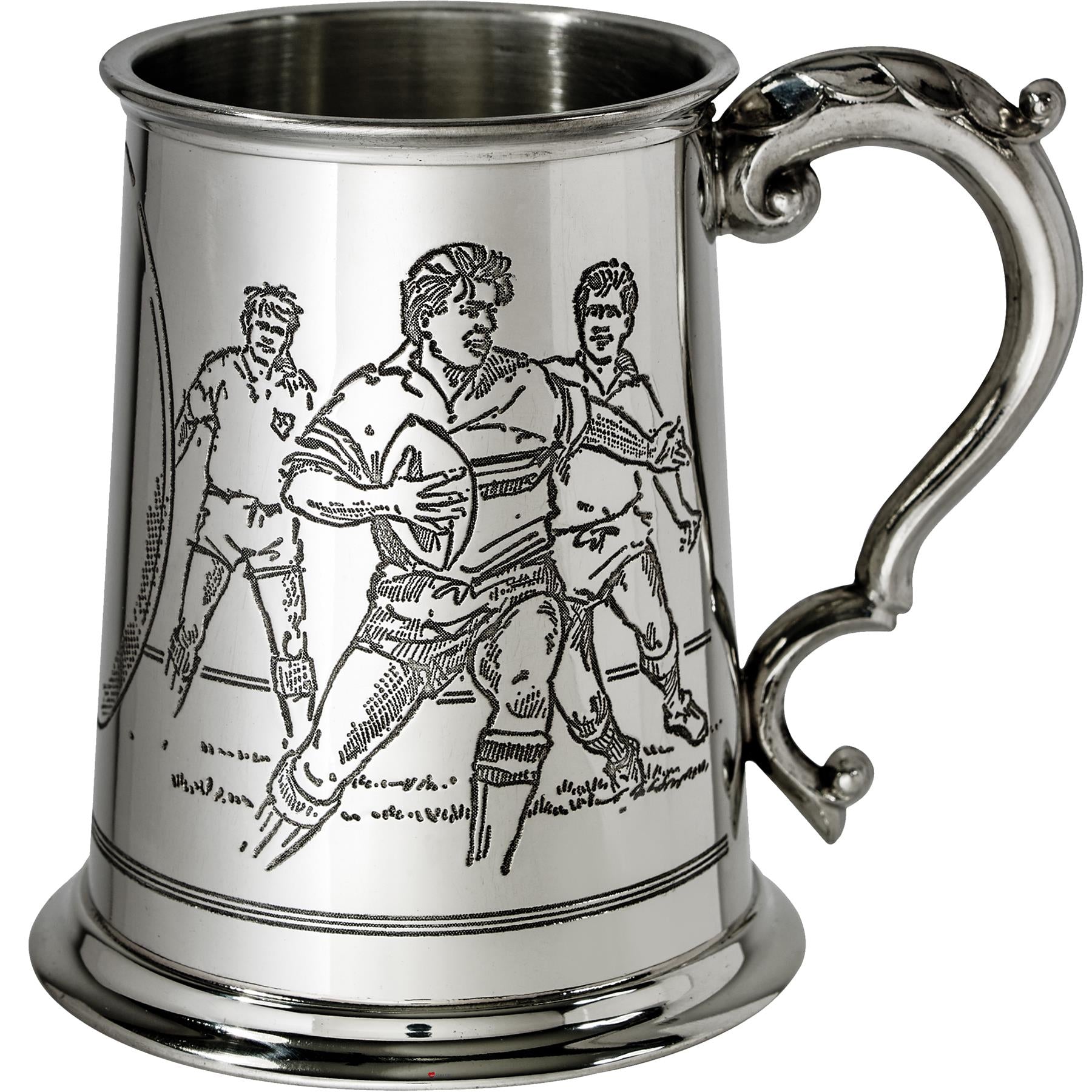 Pewter Tankard 1 Pint with Rugby Scenes on Both Sides and Antique Handle