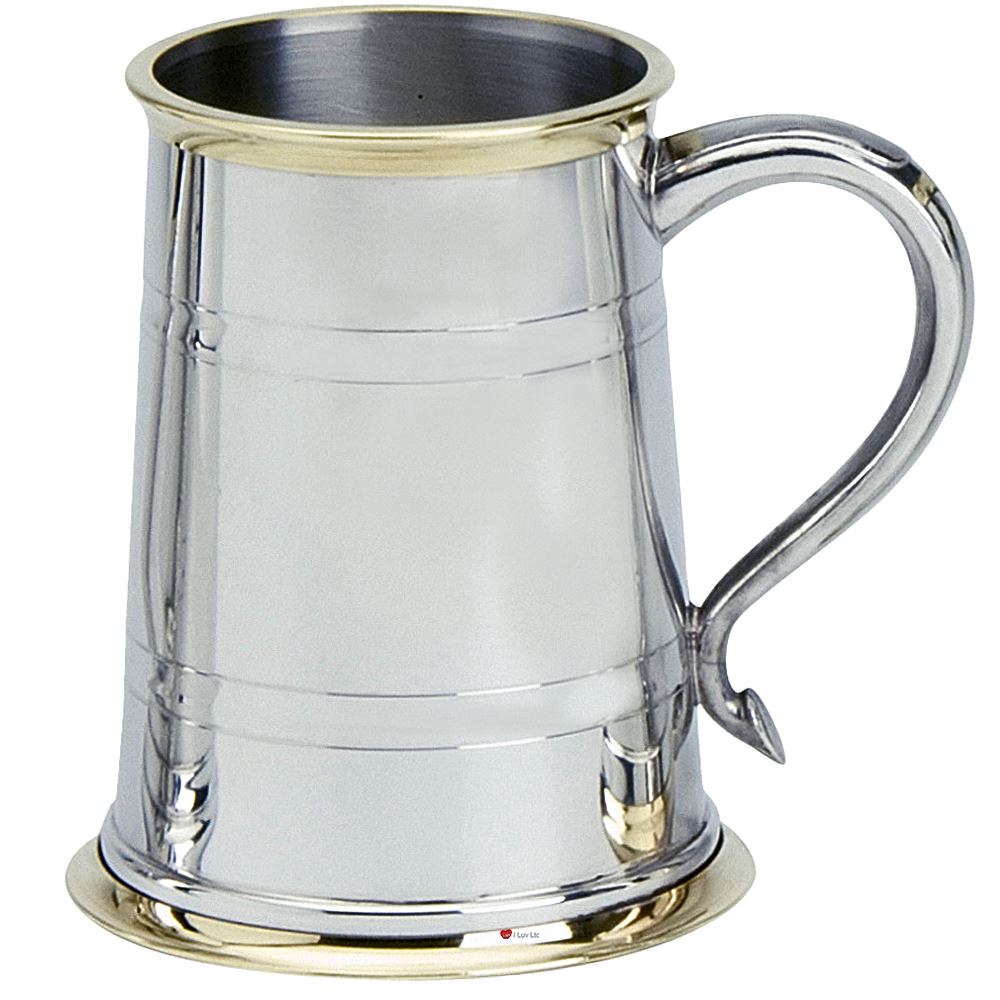 Pewter Tankard Brass Rimmed Chesterfield Plain 1pt Engravable Glass Base