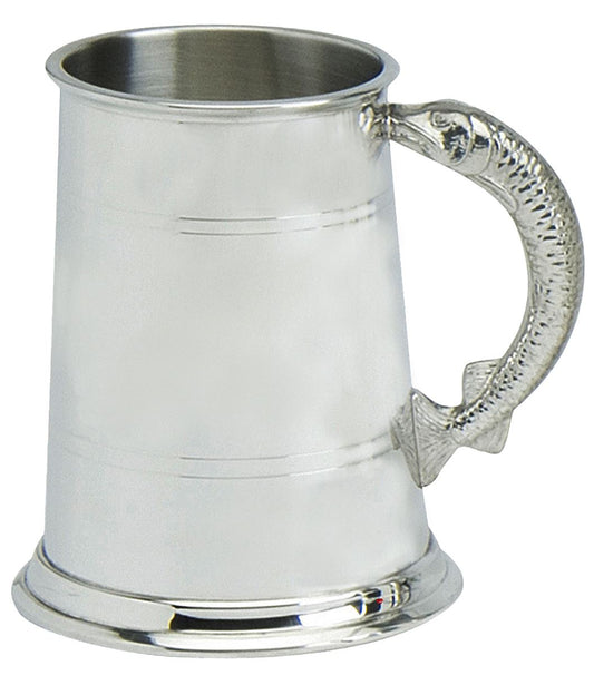 Pewter Tankard Handmade 1pt Double Lined Fish Handle Engravable