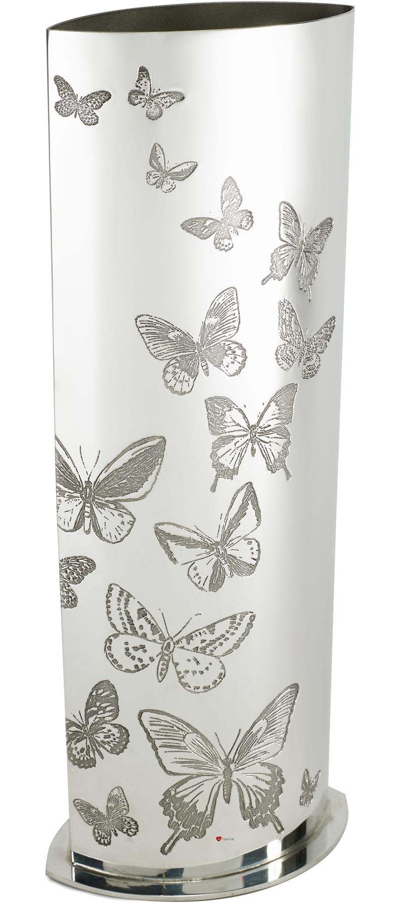 Large 10 inch Pewter Vase Embossed all over with Butterfly Pattern Bright Finish