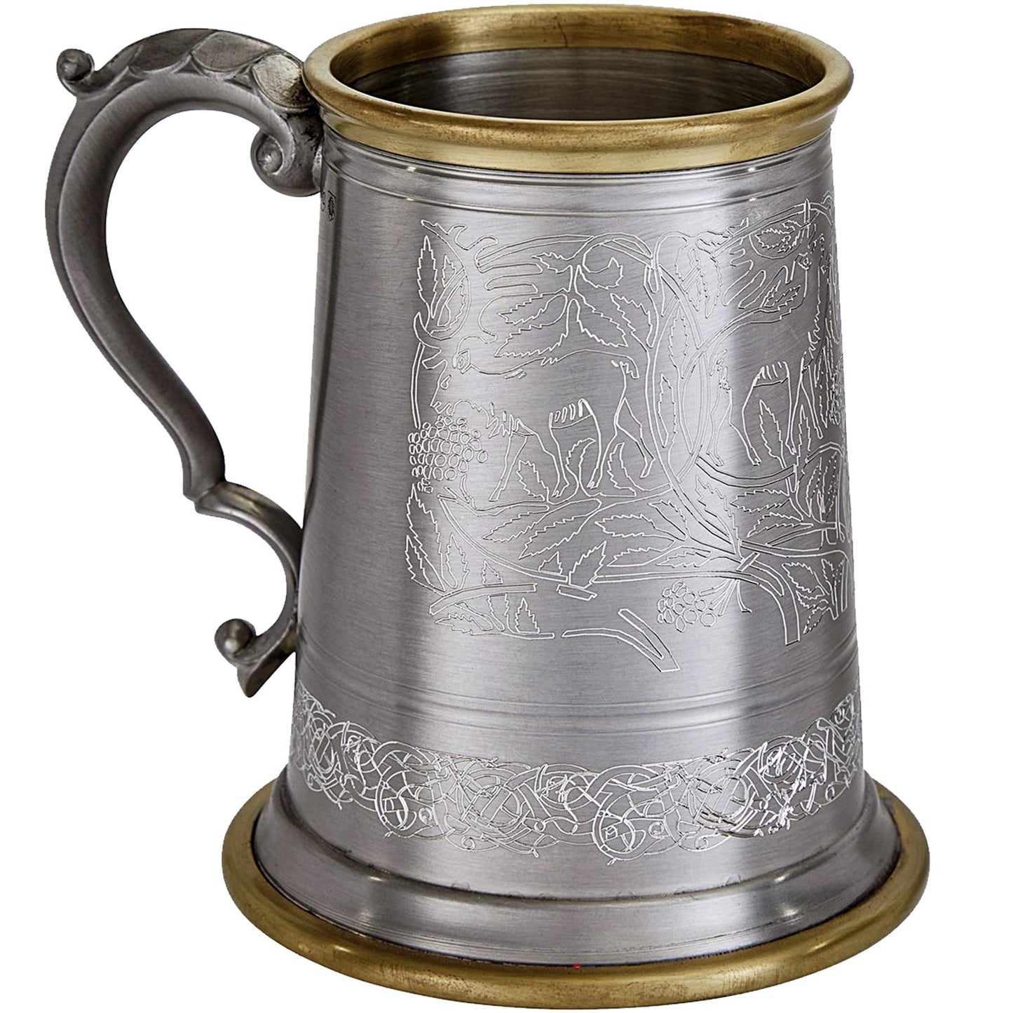 Pewter Tankard Brass Rim 1 Pint Viking Norse Artwork Antique Scroll Handle