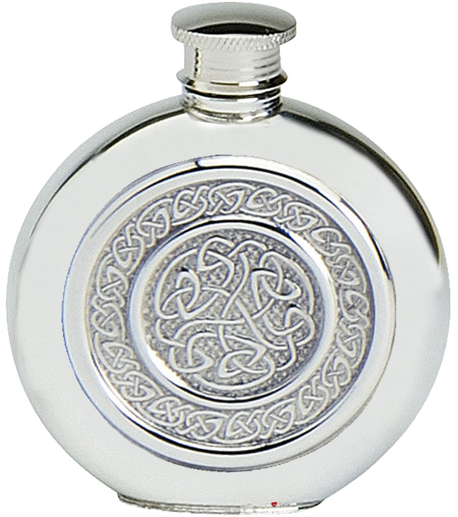 Pewter Round Flask Celtic Rope Embossed Insert Disc Screw Top Engravable 6oz