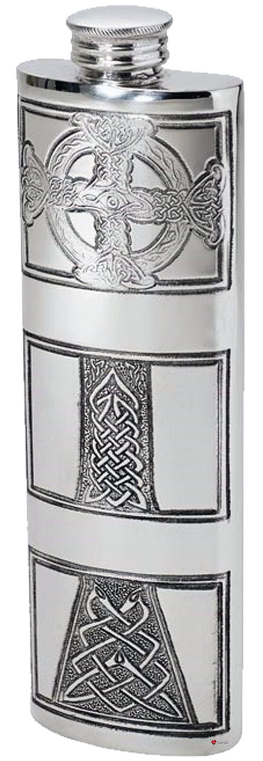 3oz Pewter Flask Embossed with Celtic Cross Polished Screw Perfect for Engraving