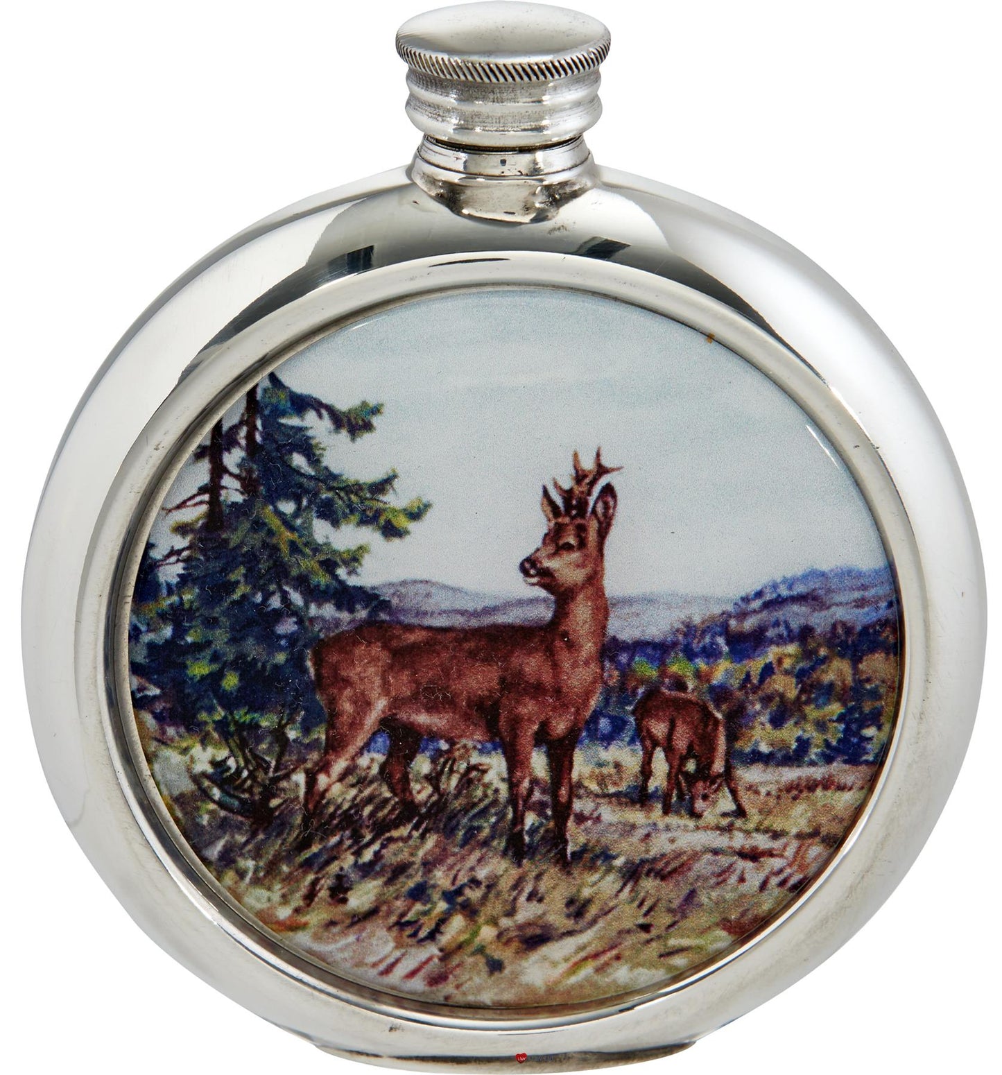 Round 6oz Pewter Flask with Unique Colour Picture Roe Deer Bright Polished Screw