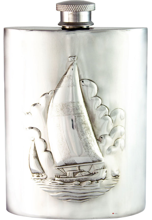 Classic Sailing Hip Flask 6oz Kidney Shape Ideal Gift Engravable on Back Pewter