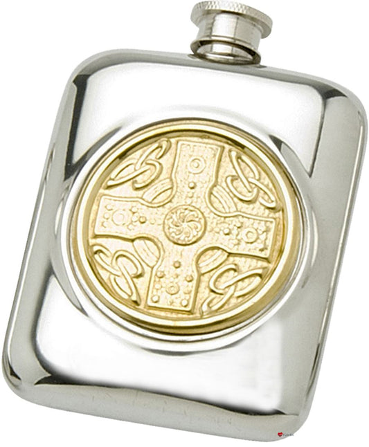 Pewter Pocket Flask With Brass Celtic Disc Engravable Great Gift Screw Top