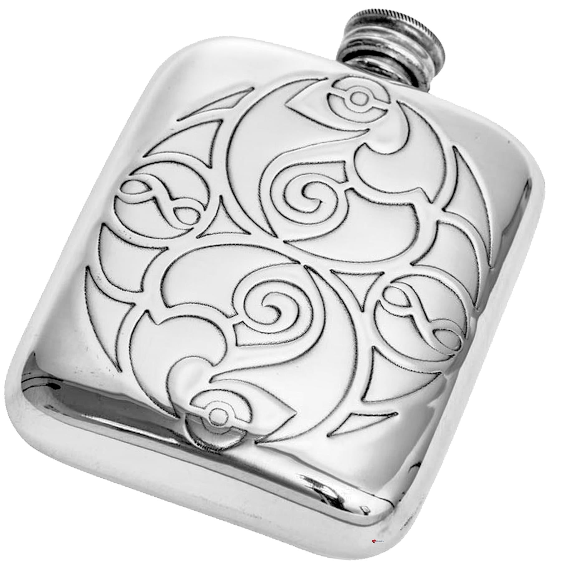 Medium Sized 4oz Pewter Pocket Flask Scottish Celtic Spirals Design