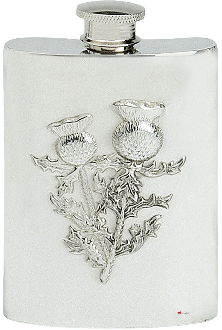 Scottish Thistles Hip Flask 4oz Fine English Pewter Engravable Kidney Shape