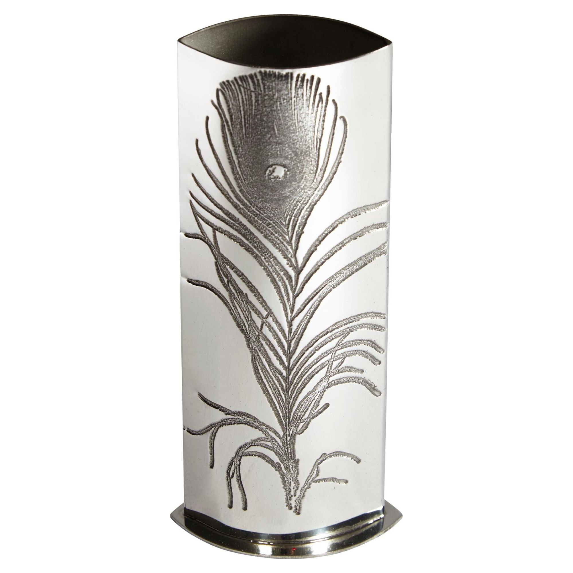 Tall 6.3 inch Pewter Bud Vase for Flowers Featuring Peacock Feather Design
