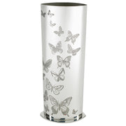 Silver umbrella stand with butterfly patterns on a white background