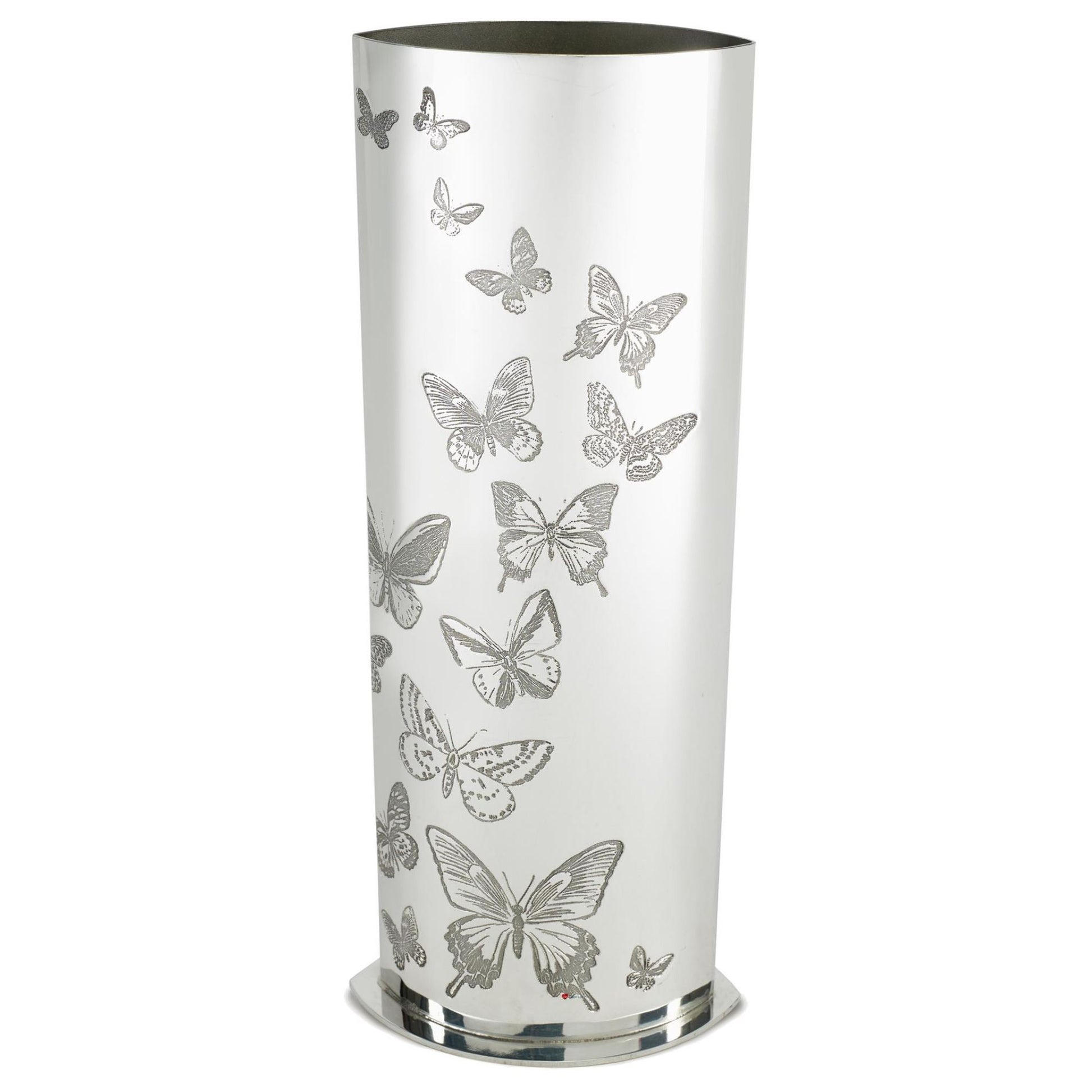 Silver umbrella stand with butterfly patterns on a white background