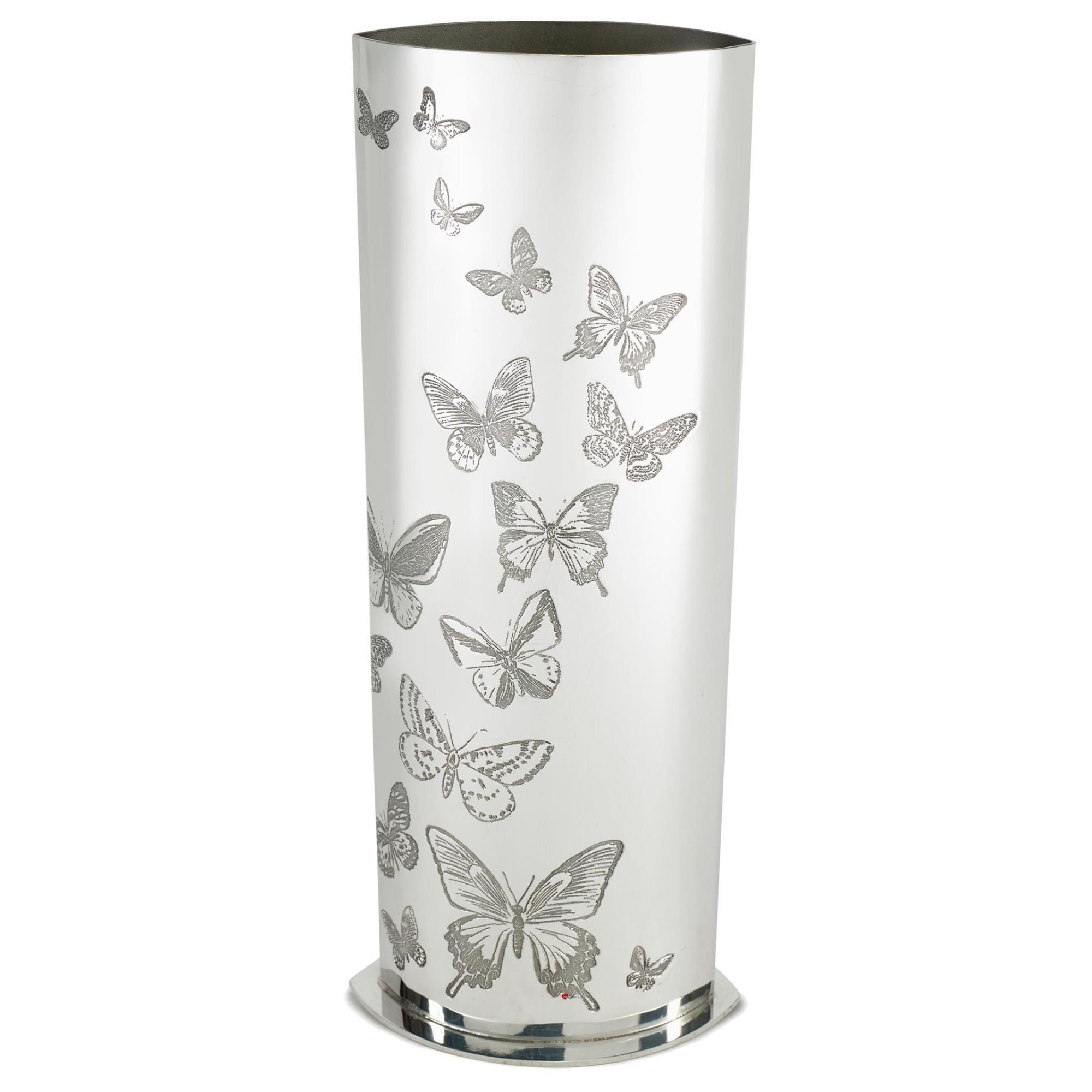 Silver umbrella stand with butterfly patterns on a white background