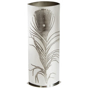 Decorative vase with peacock feather design on a white background