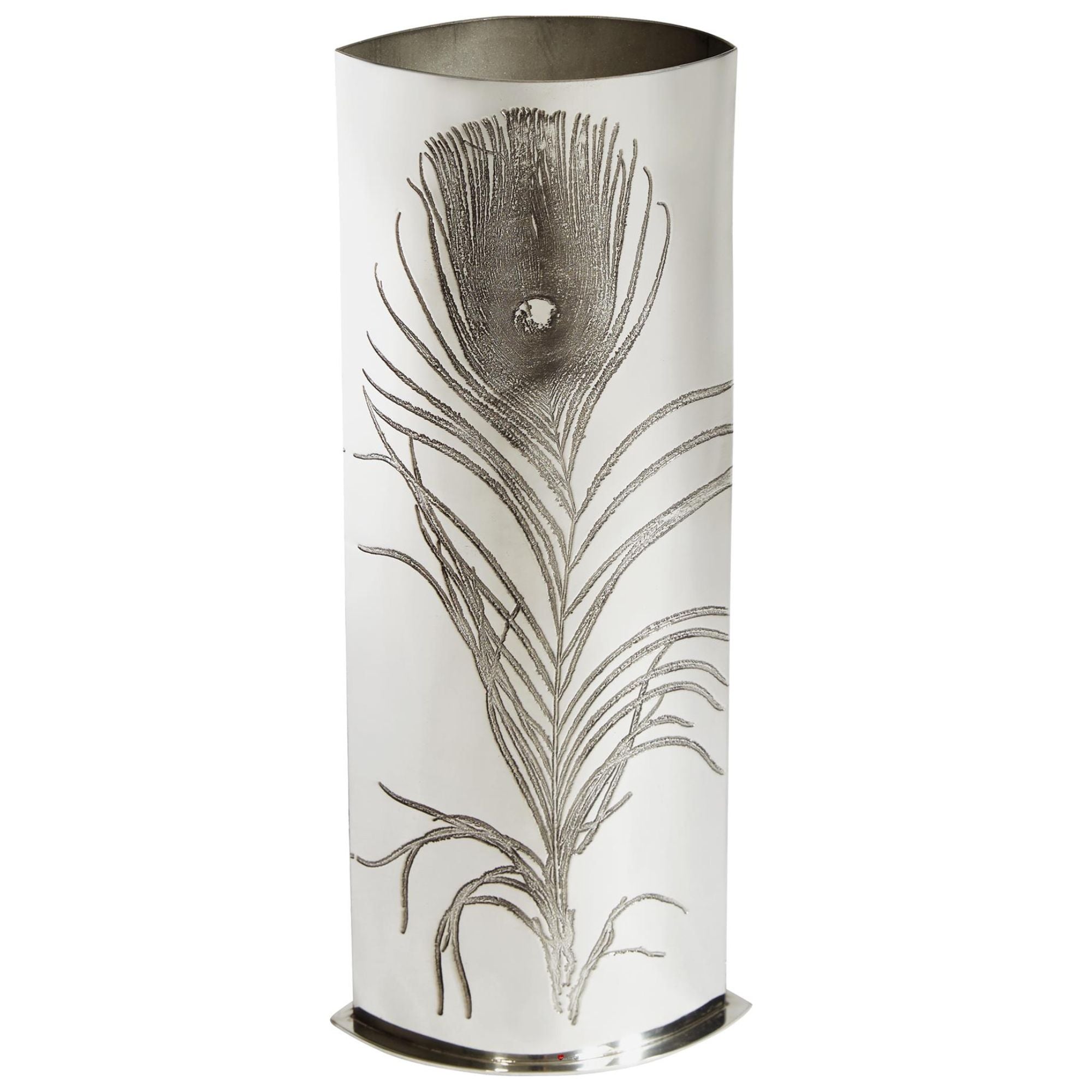 Decorative vase with peacock feather design on a white background