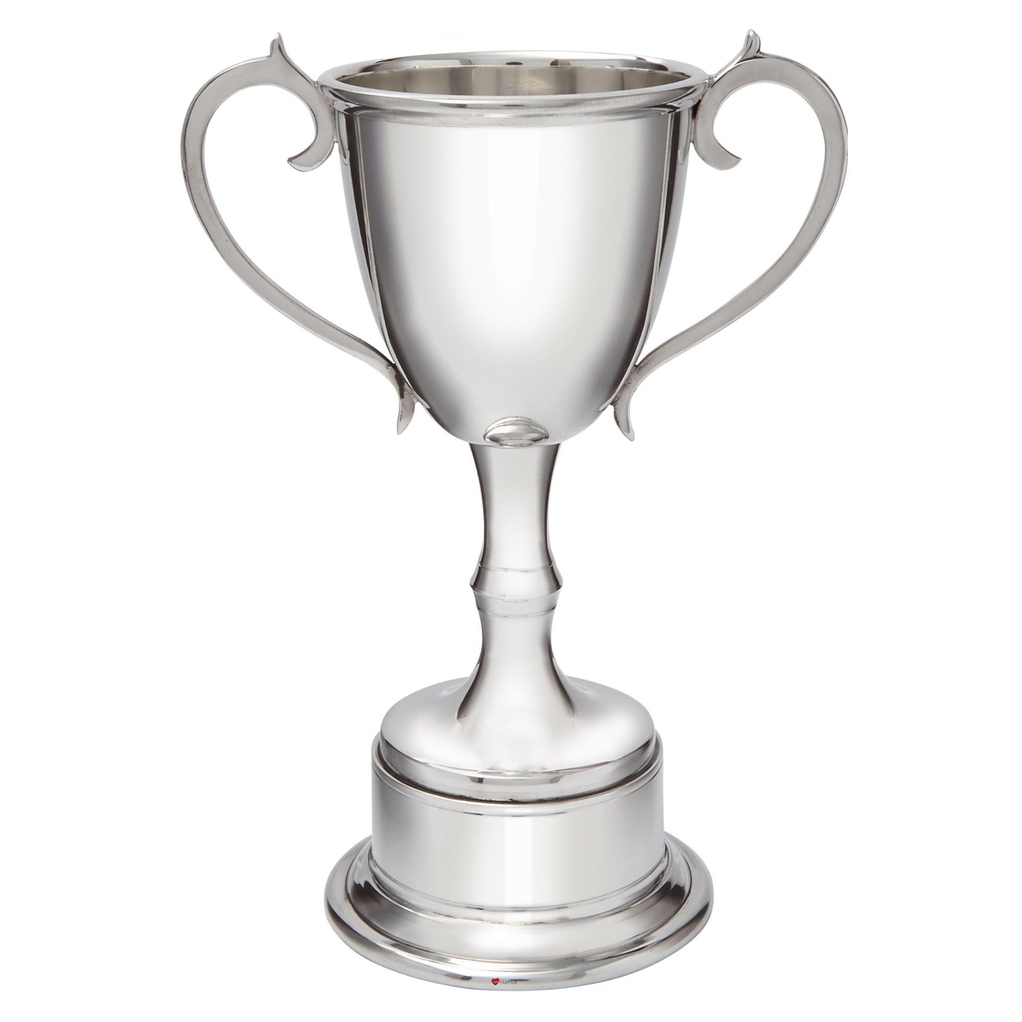 Silver trophy cup with two handles on a white background