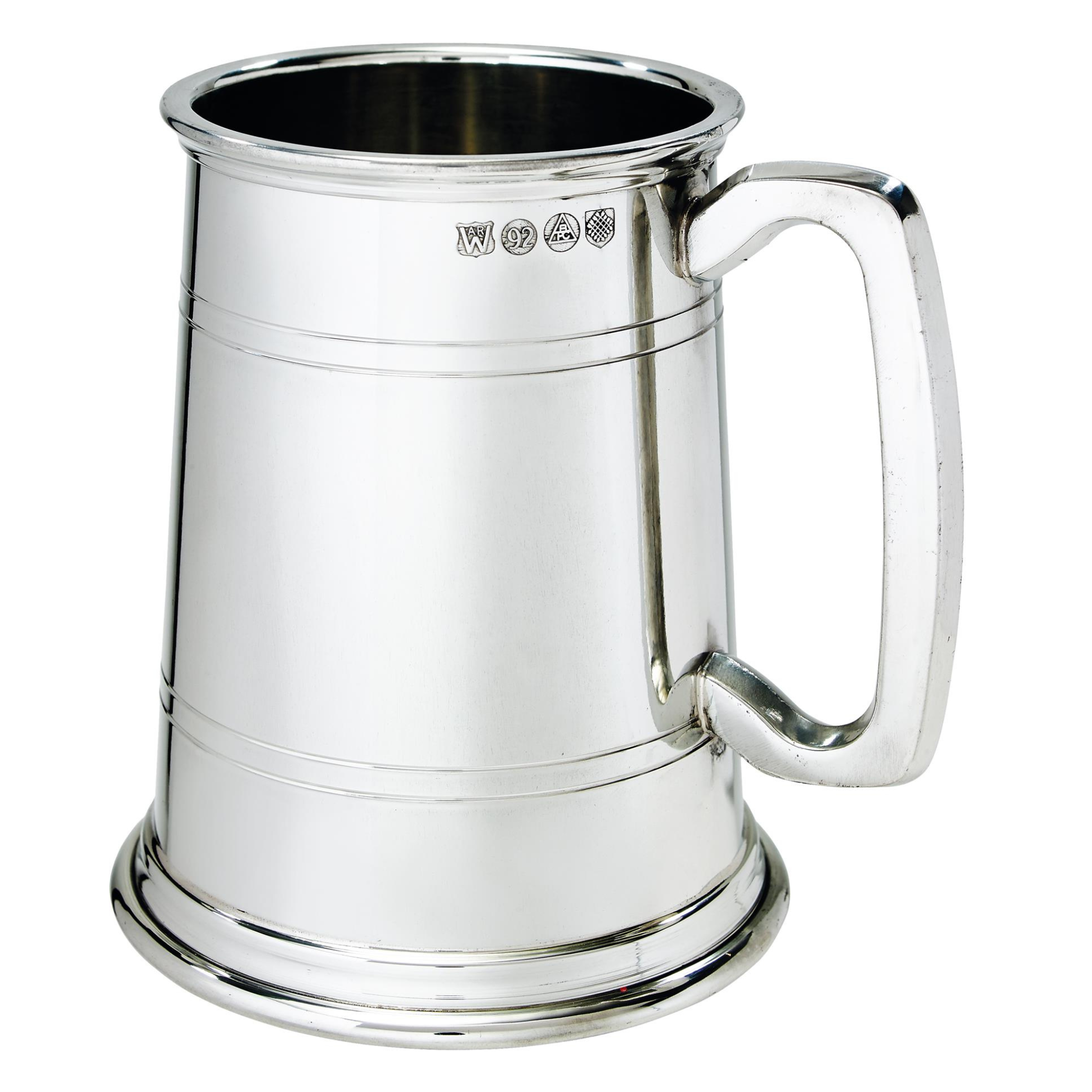 Silver tankard with handle on a white background