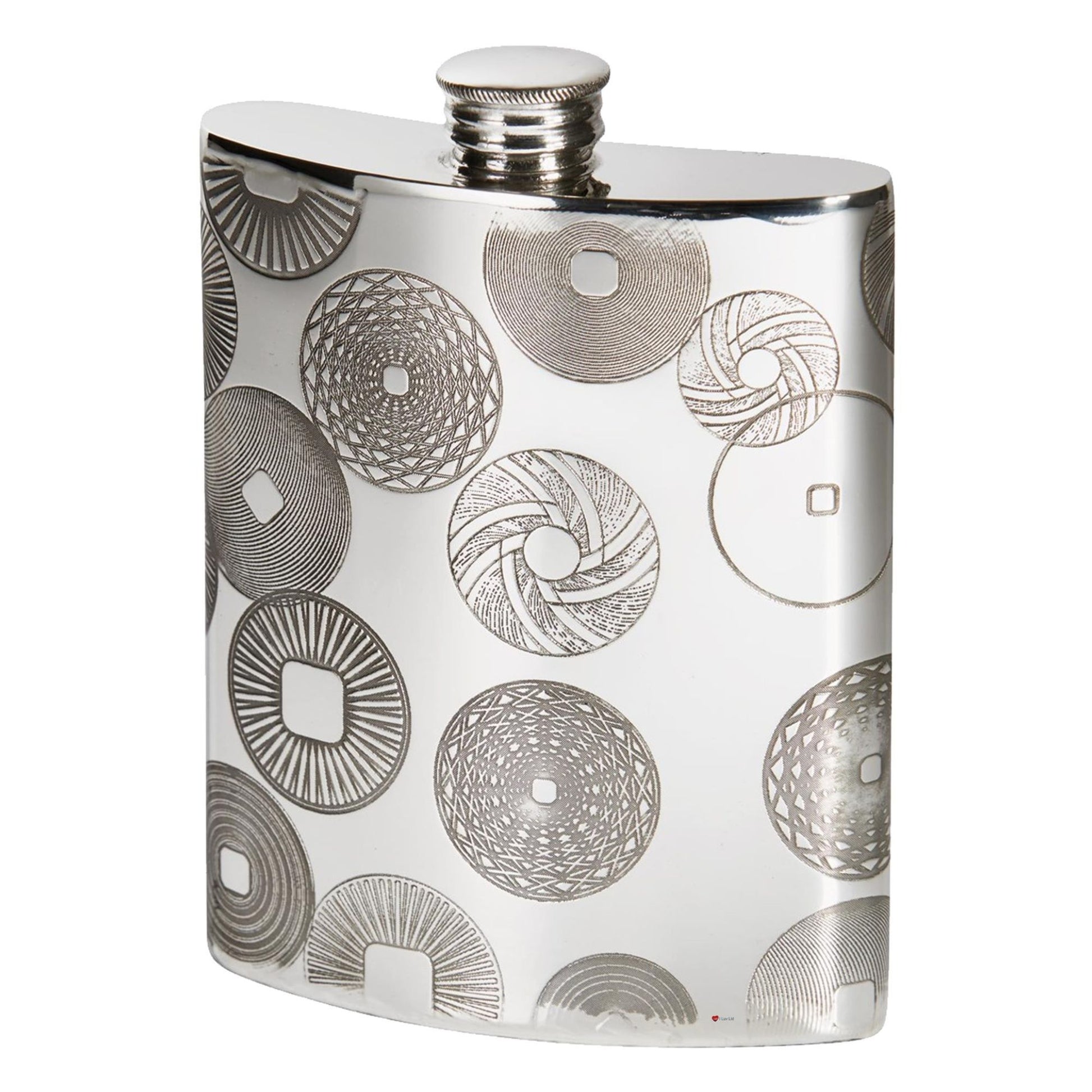 Silver flask with circular pattern on a white background