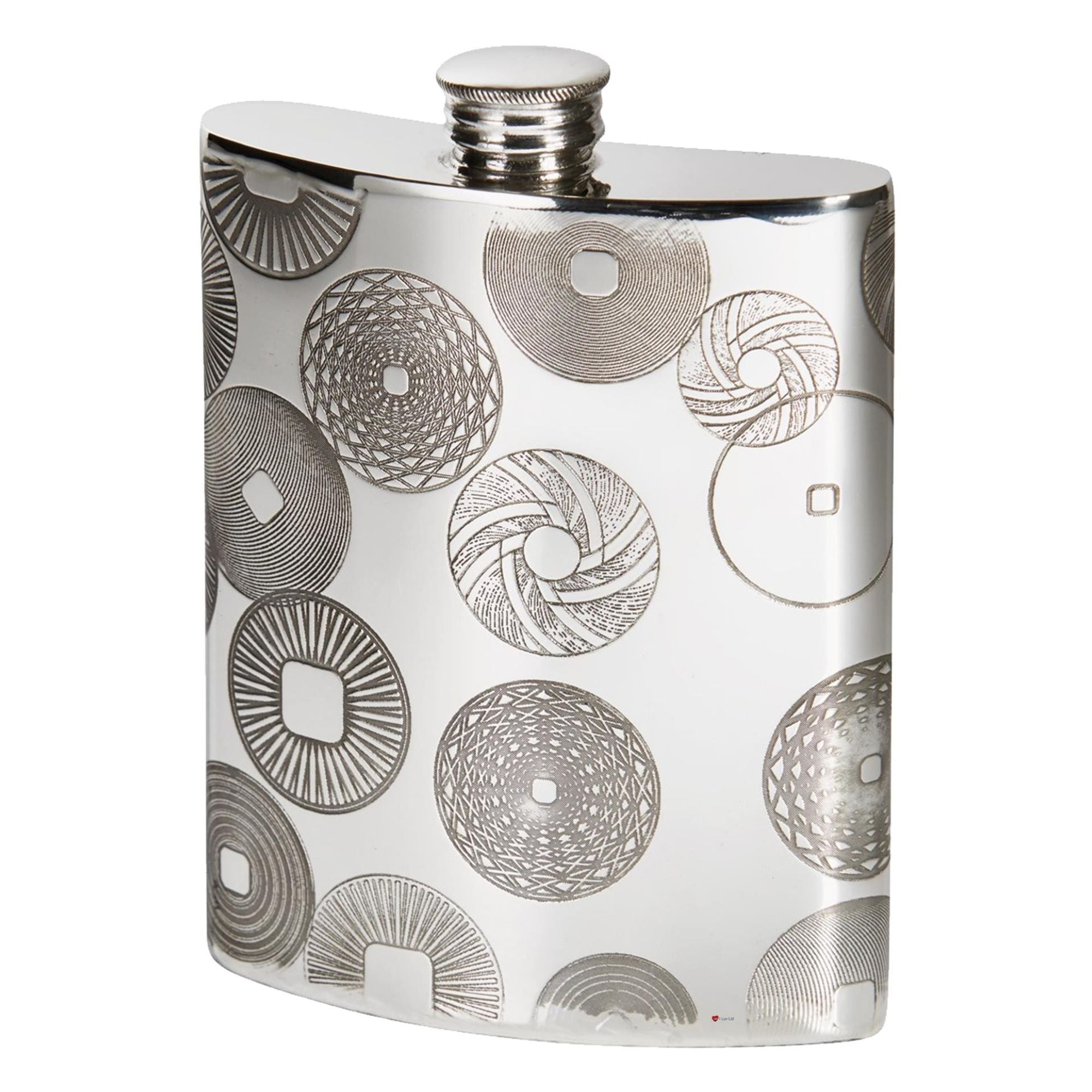 Silver flask with circular pattern on a white background