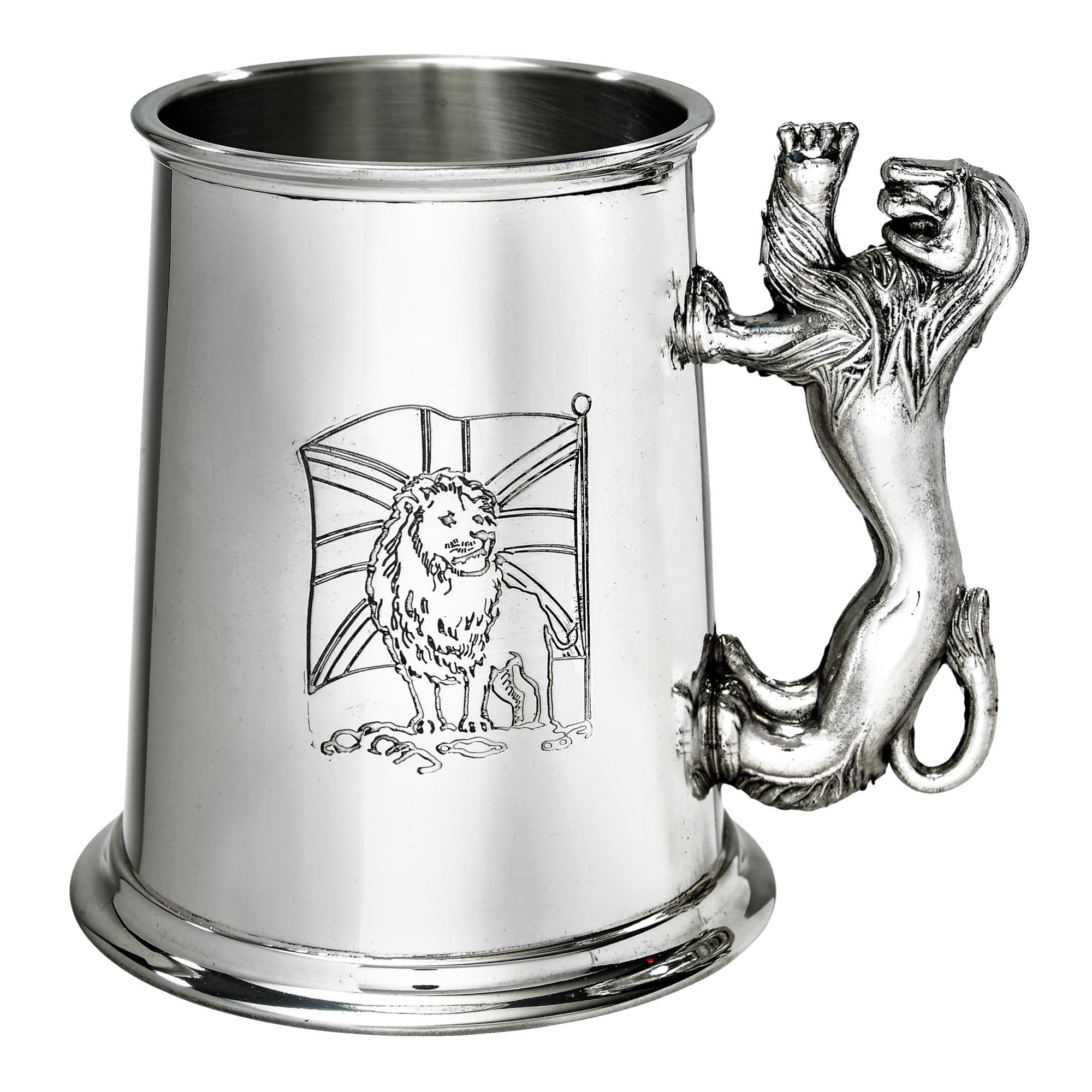 Silver tankard with lion emblem and bear handle on a white background