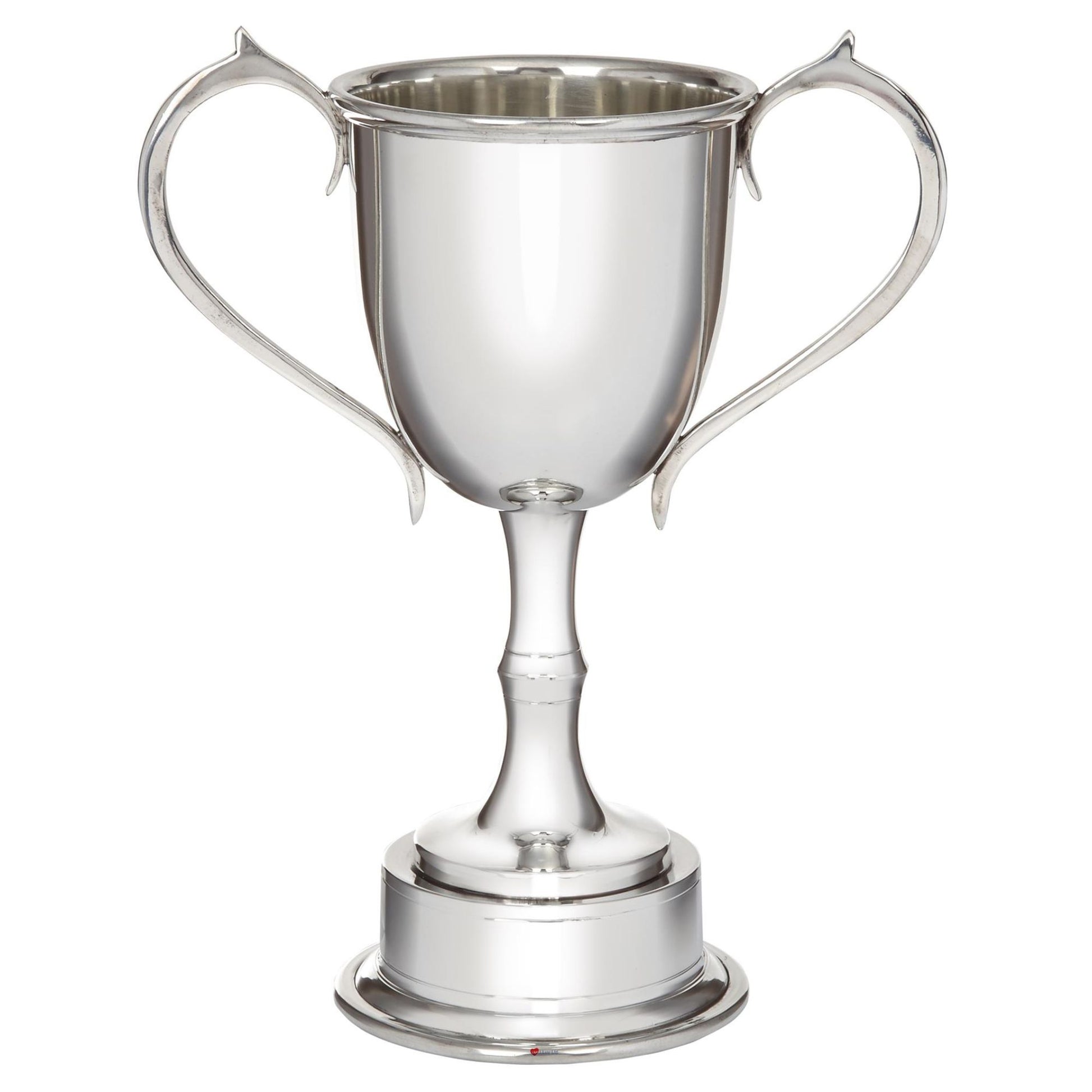Silver trophy cup with two handles on a white background