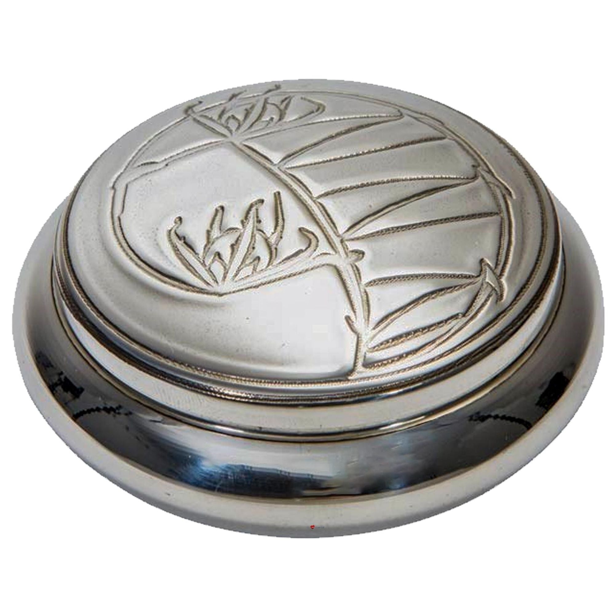 Silver decorative object with floral design on a white background