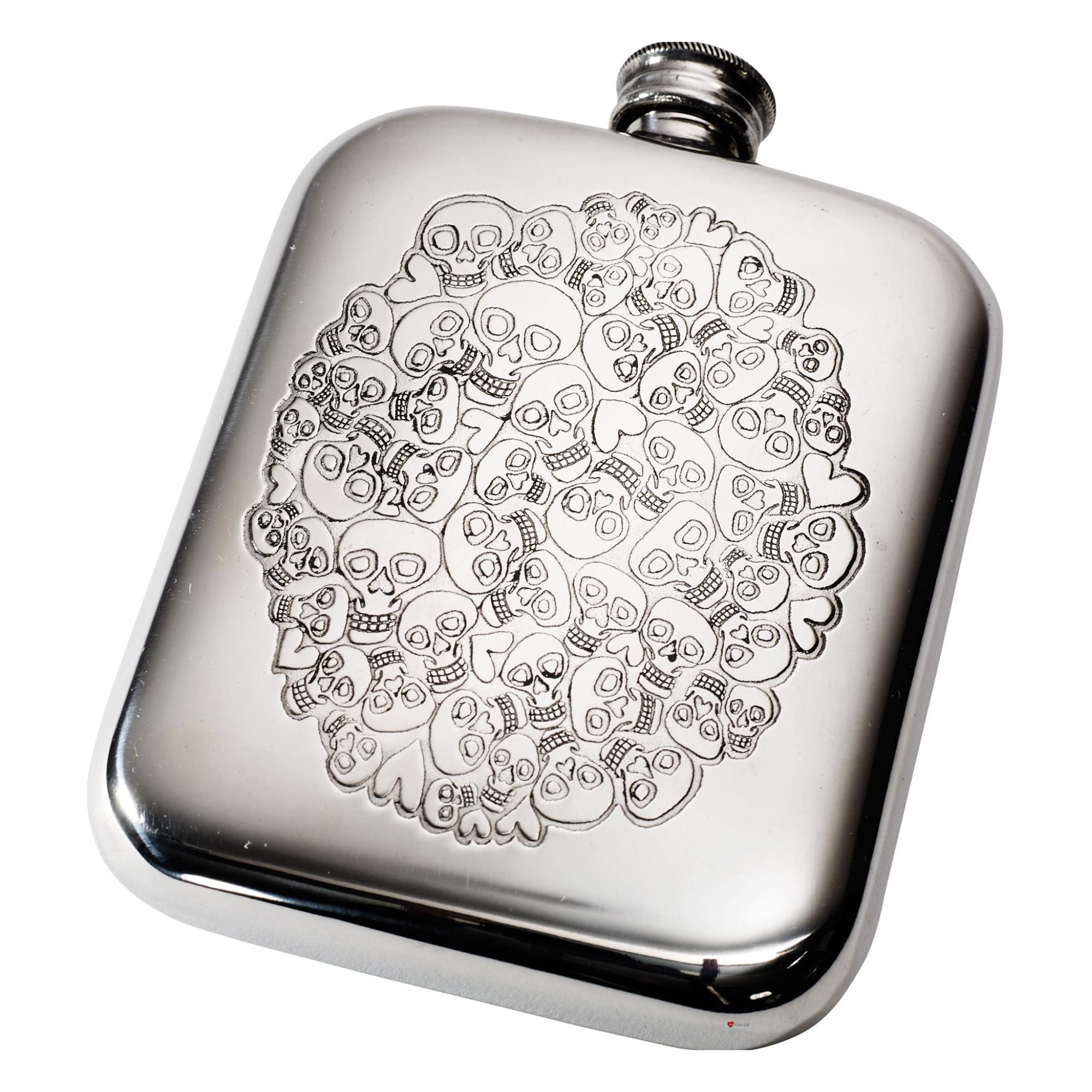 Silver flask with skull design on a white background