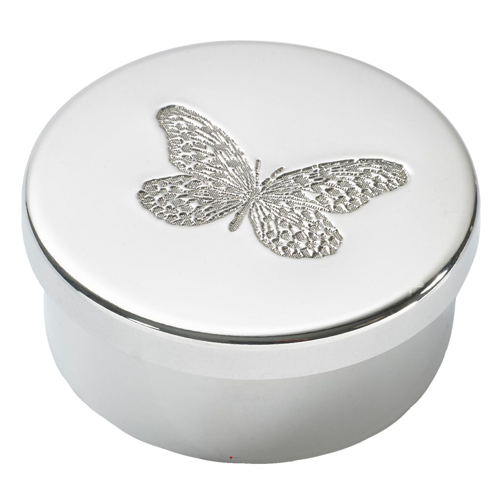Round white box with a silver butterfly design on the lid against a white background