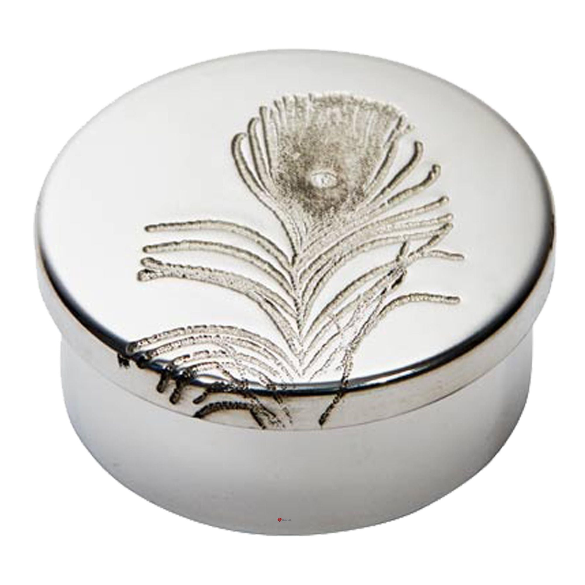 Round white box with silver floral design on a white background