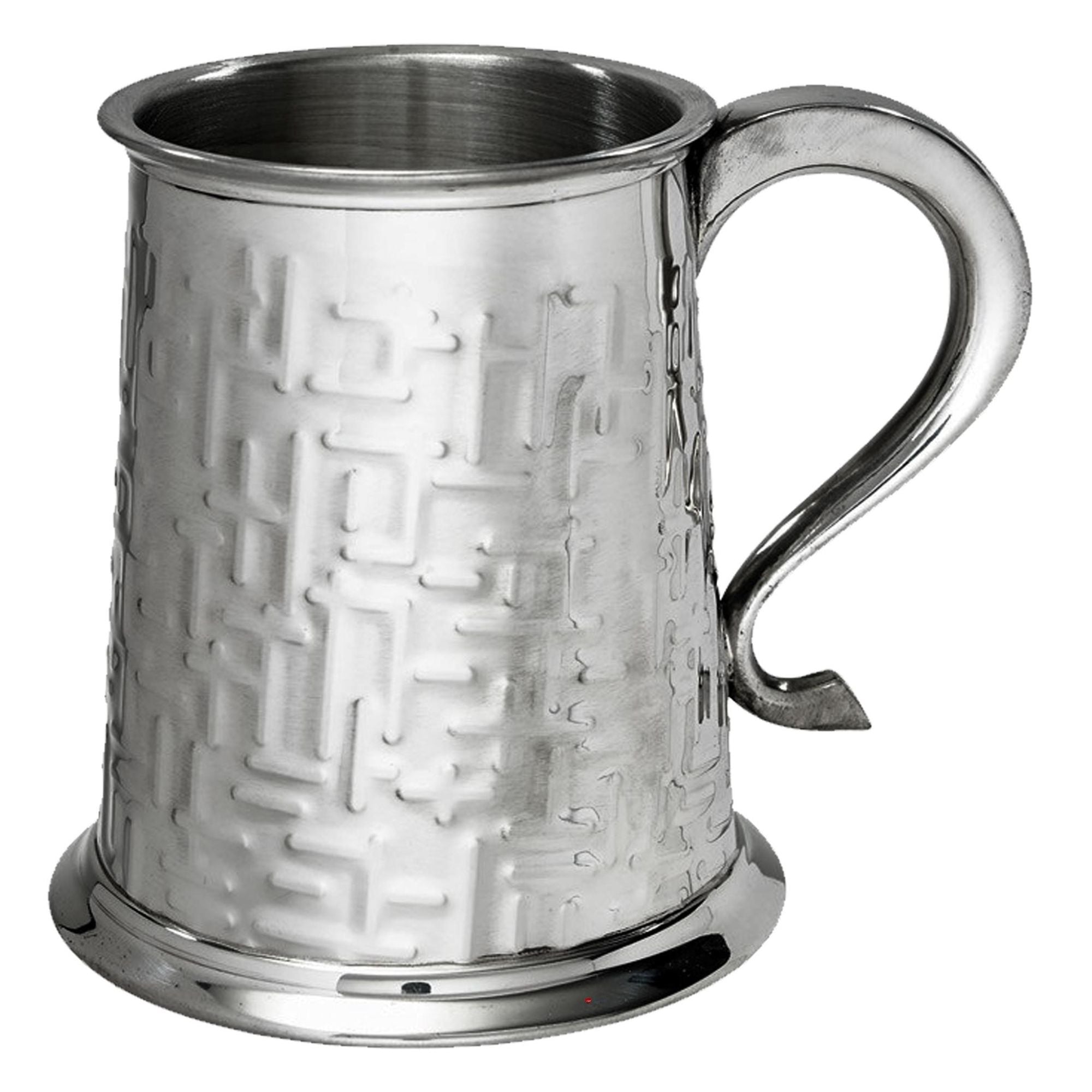 Silver tankard with textured surface and handle on a white background