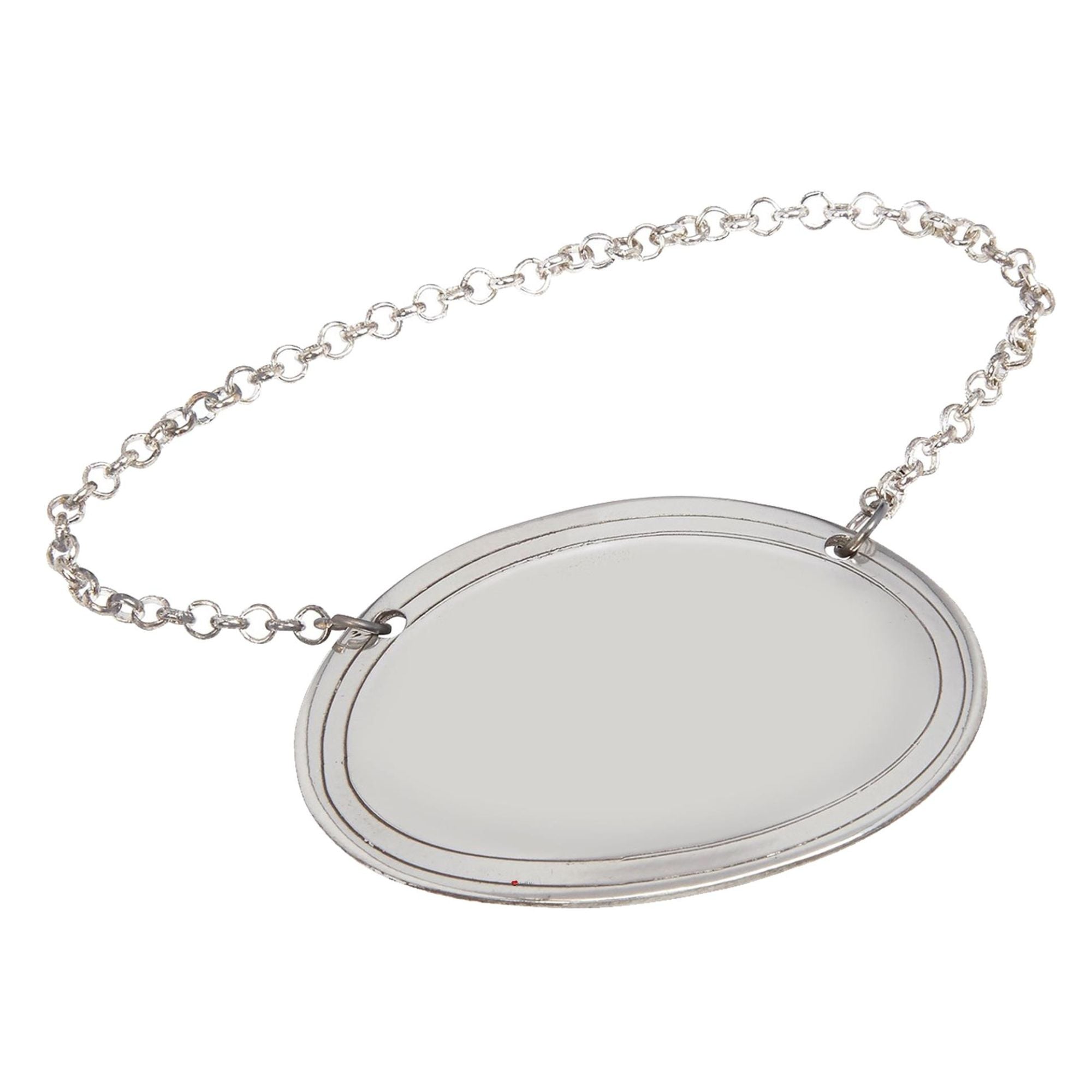 Plain Lined Oval Pewter Decanter Label Silver Plated Chain Perfect for Engraving
