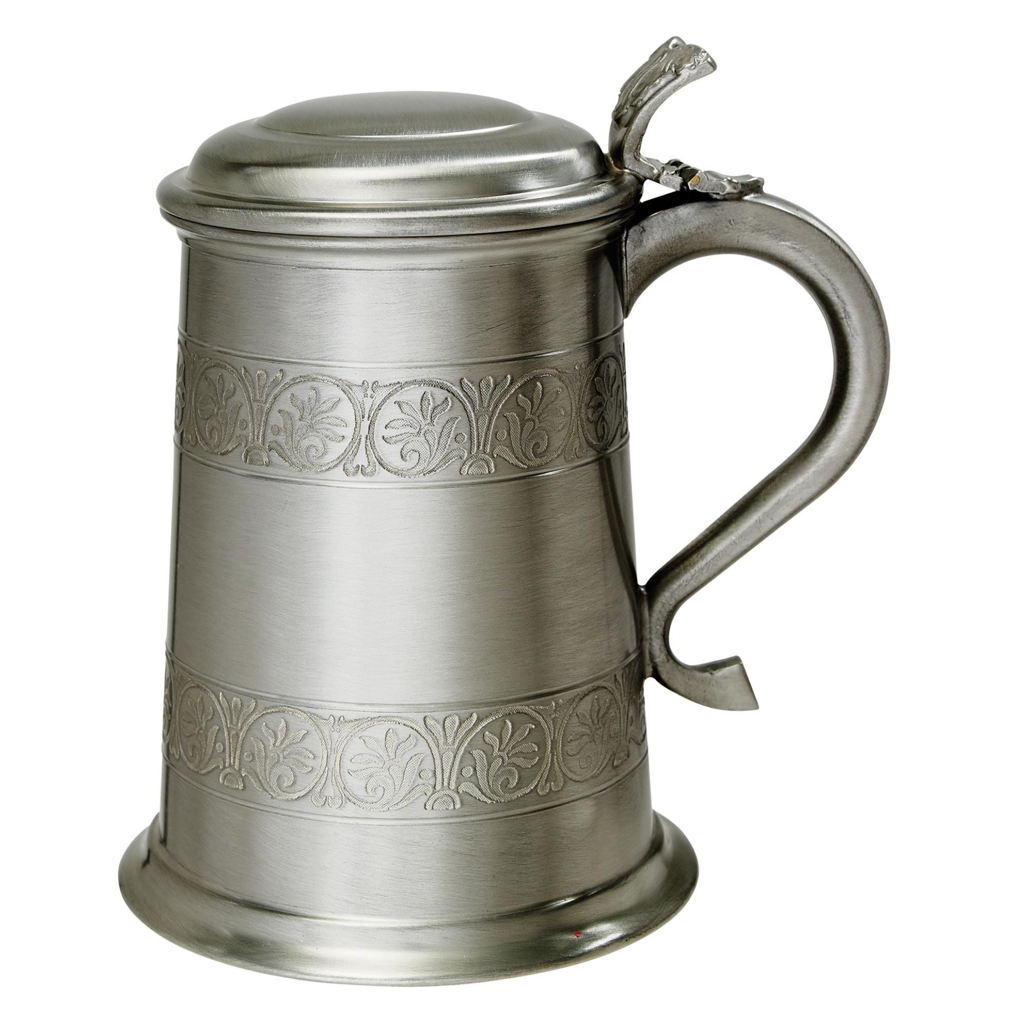 Pewter tankard with decorative embossing on a white background