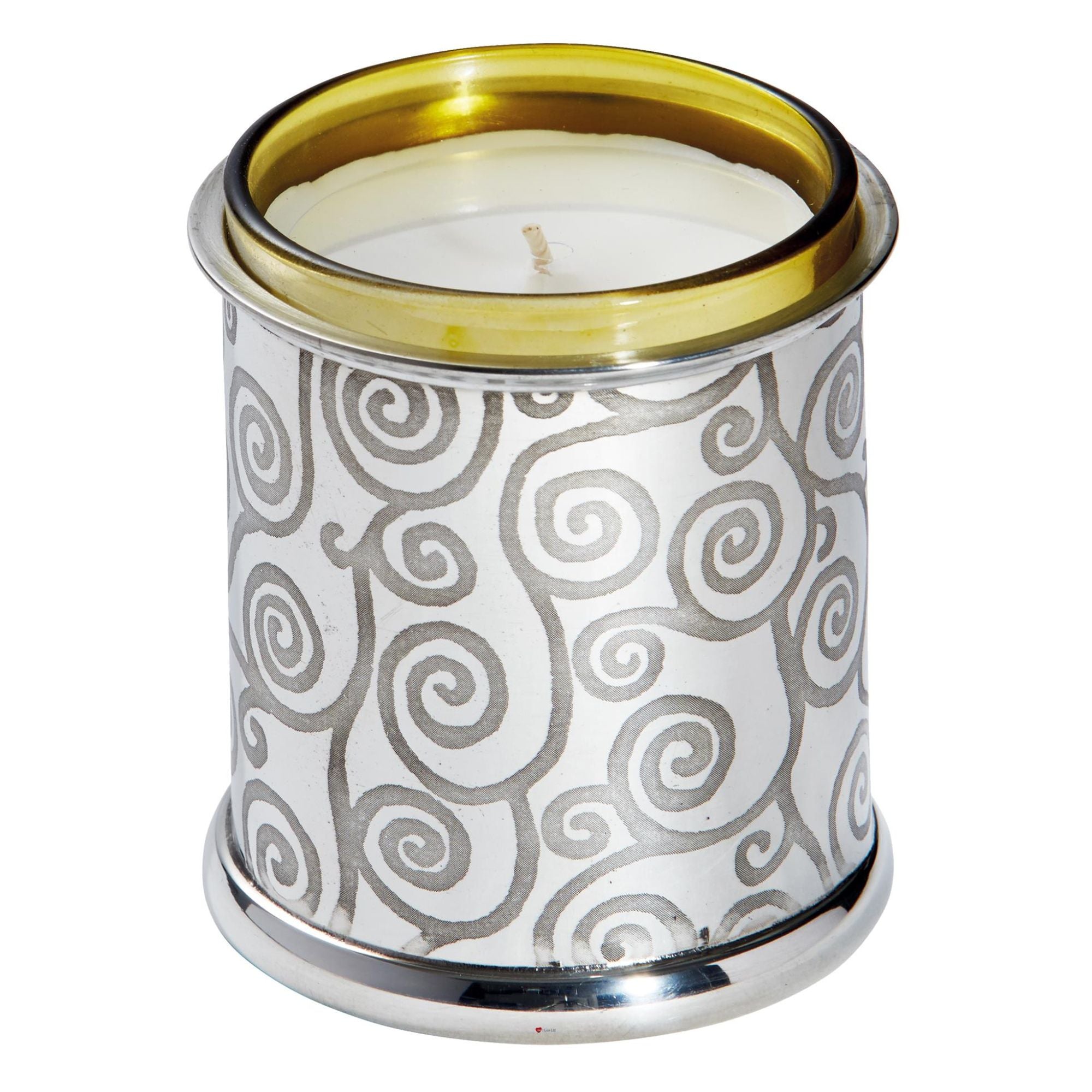 Candle in a decorative metal holder with gold rim on a white background