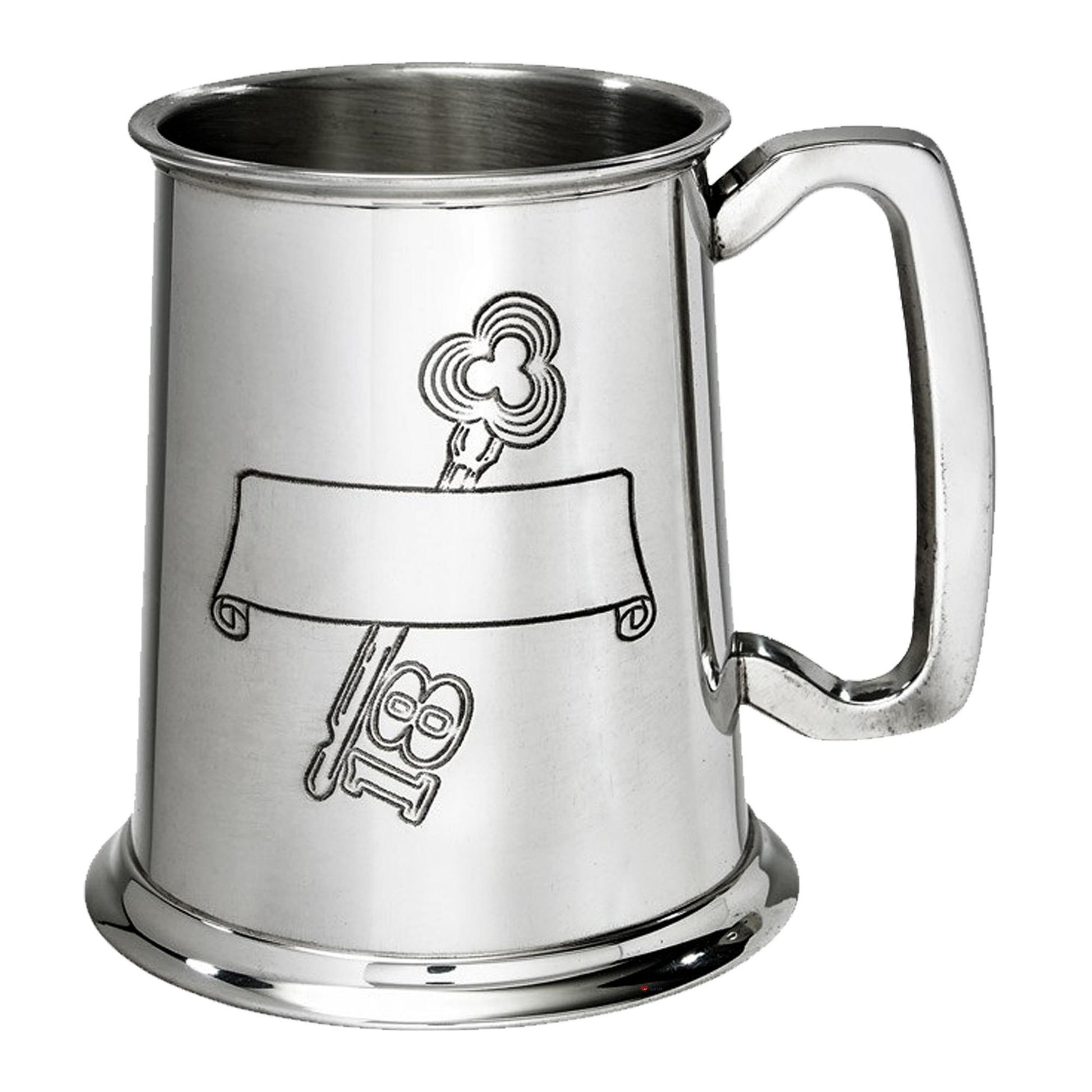 Silver tankard with engraved design on a white background