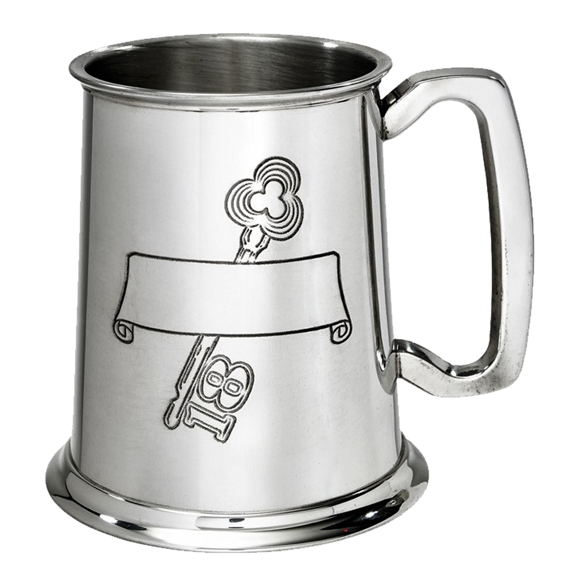 Silver tankard with engraved design on a white background