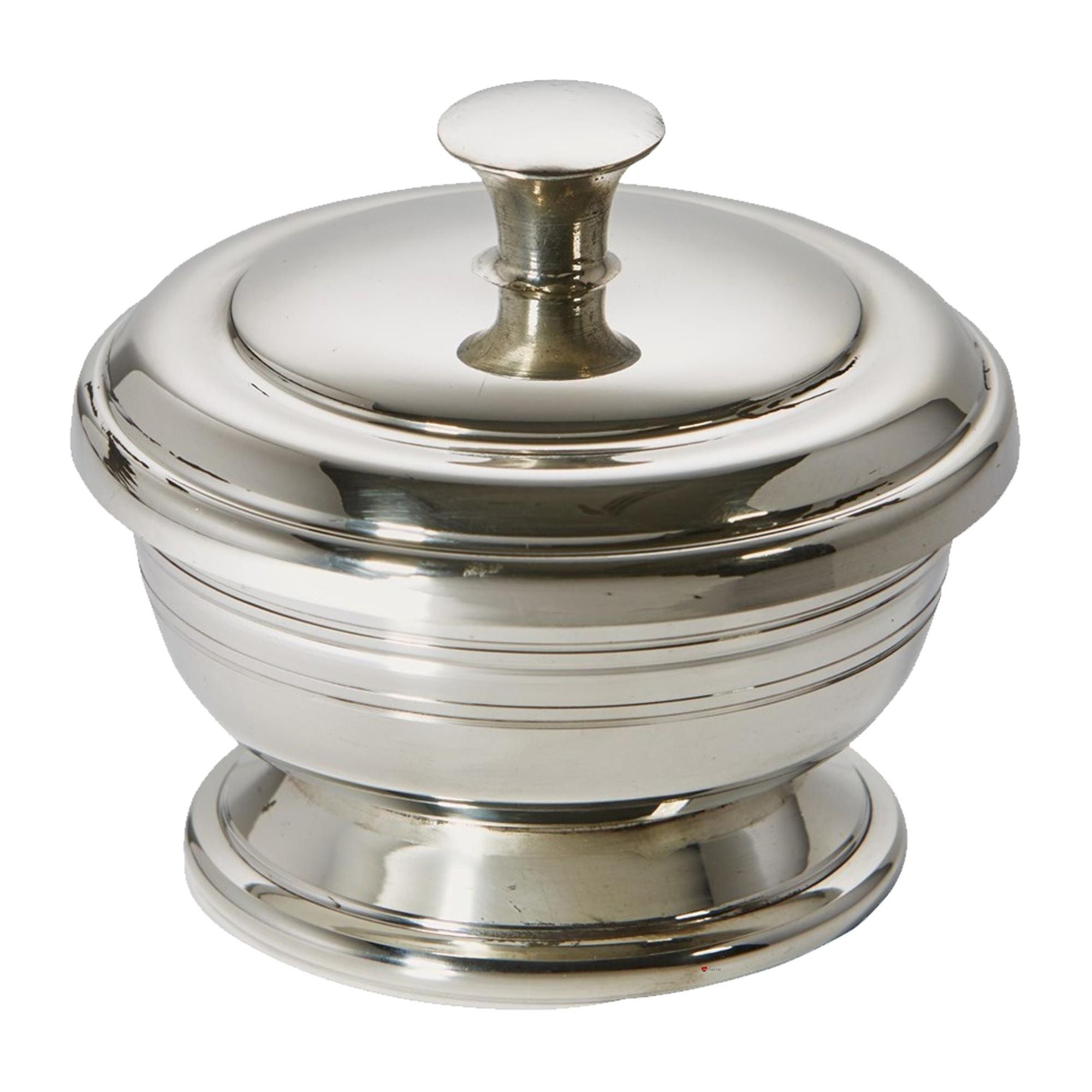 Silver decorative bowl with lid on a white background