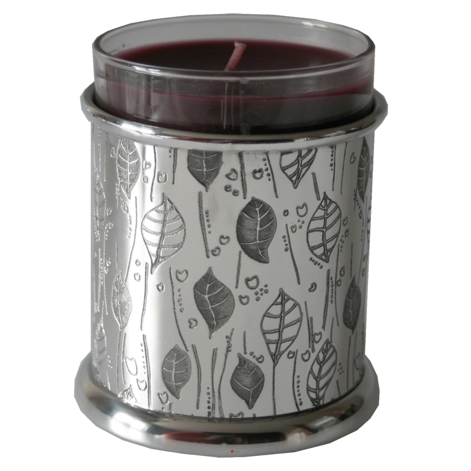 Candle in a decorative container with leaf pattern on a white background